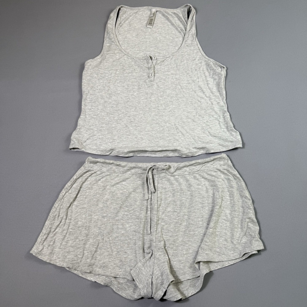 SKIMS Cozy Knit Tank Top (XL) & Shorts(L) Grey Heather Lounge Sleepwear Set EUC